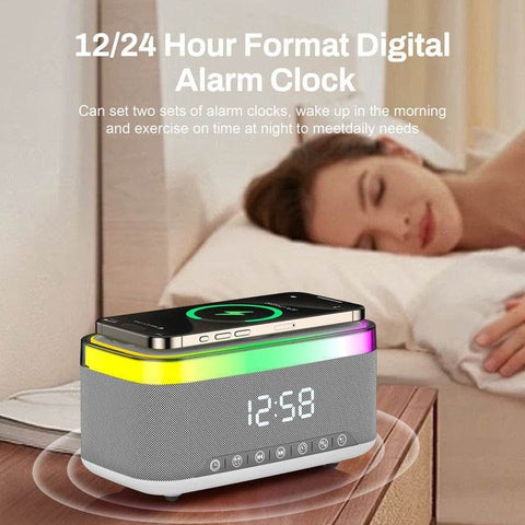 Smart Home Wireless Charging Stand, Speaker, and Digital Clock