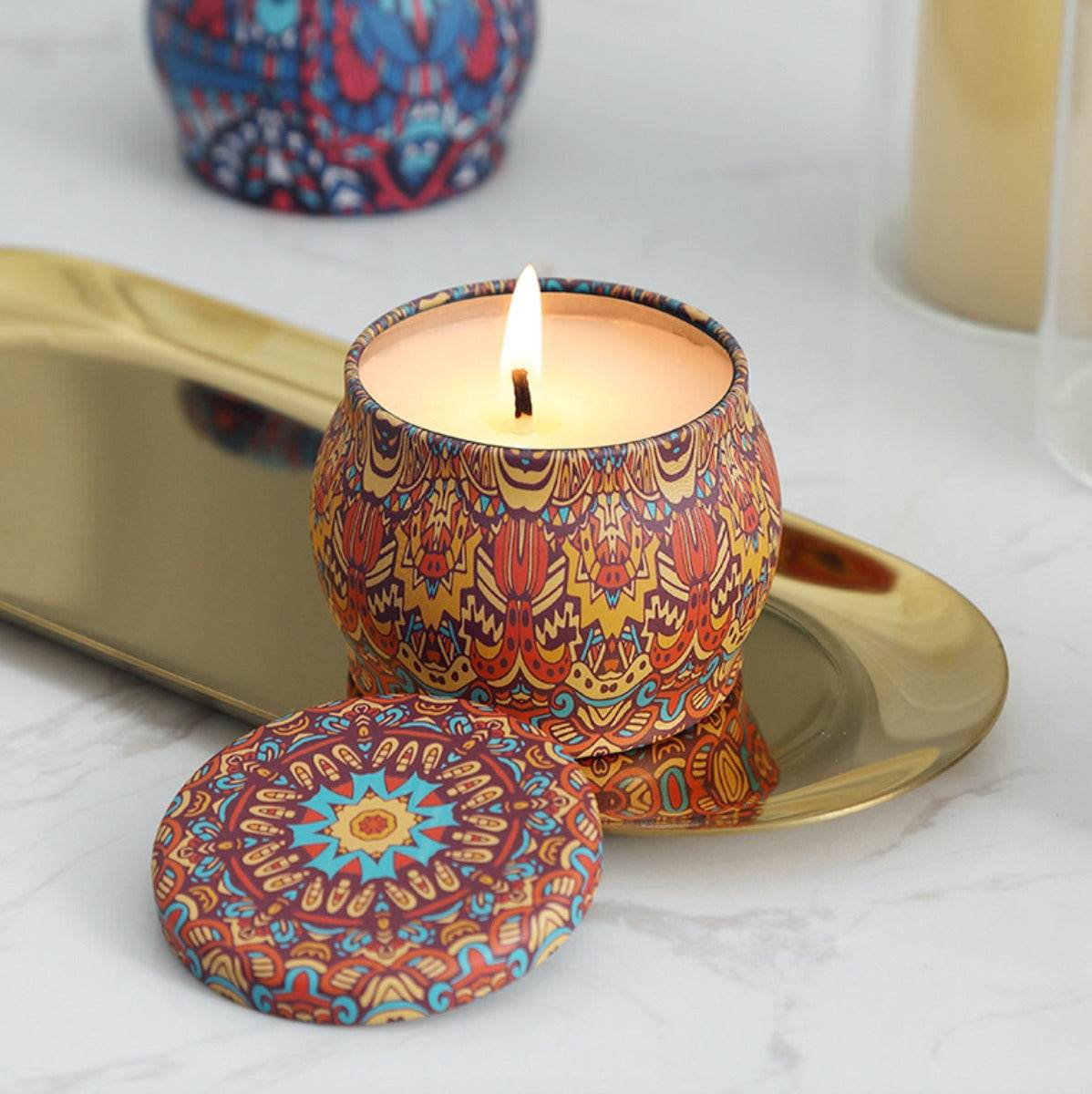 English Pear And Freesia Aroma Candle In Colourful Patterned Tin (65ml) - DMC Wholesale