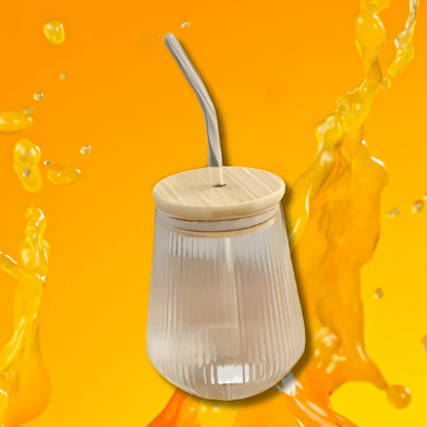 Ribbed Glass With Straw And Wooden Lid (430ml) - DMC Wholesale