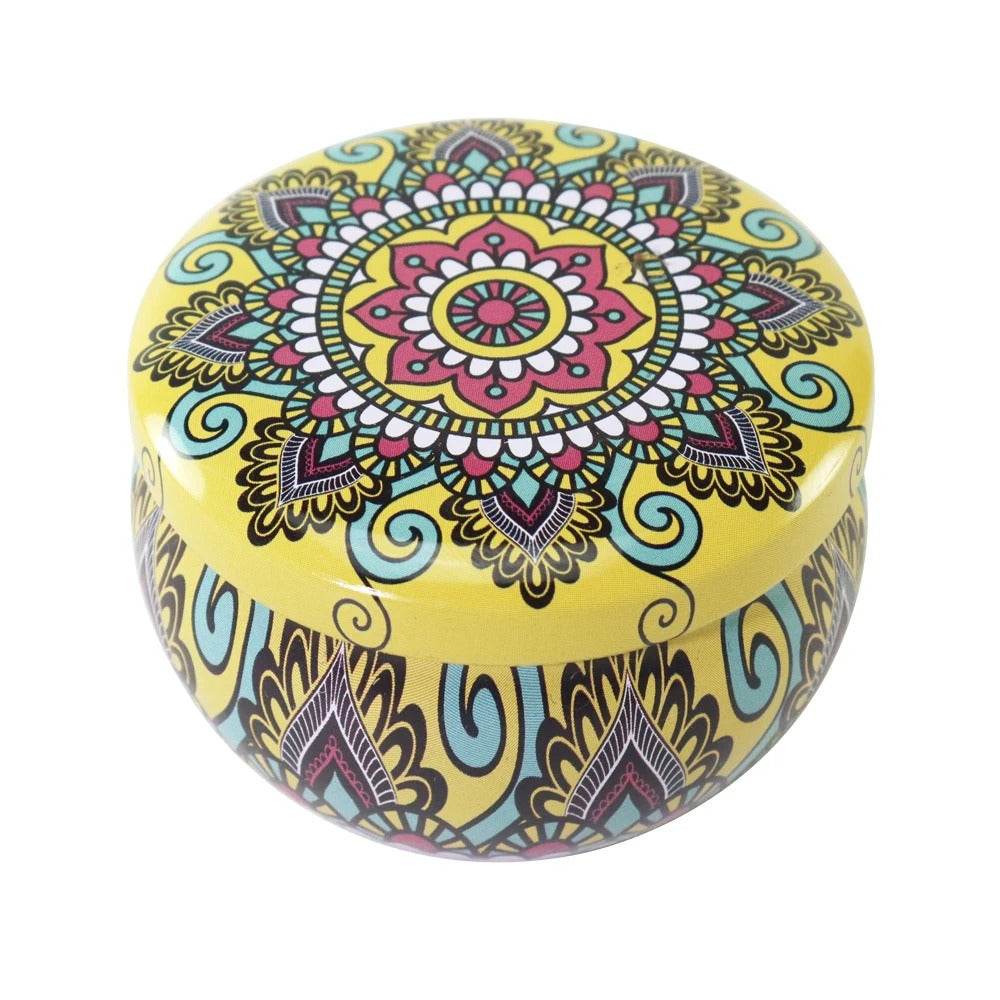 English Pear And Freesia Aroma Candle In Colourful Patterned Tin (65ml) - DMC Wholesale