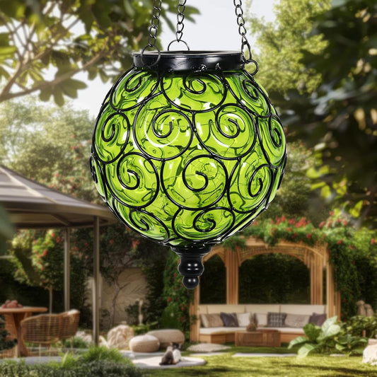 Solar Round Glass Outdoor Hanging Decorative Lantern (Each)