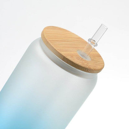 Frosted Drinking Glass With Bamboo Lid (380ml)(Each) - DMC Wholesale